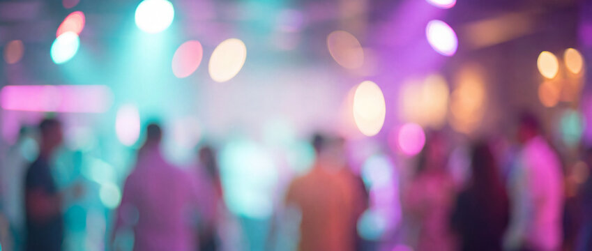 Nightclub party crowd with blurred bokeh lights features vivid purple and teal stage glow, creating an atmospheric background for music festival banners, party flyers, and event promotion