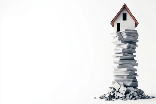 A small house perched atop a towering stack of disorganized papers, symbolizing instability or precarious foundation.