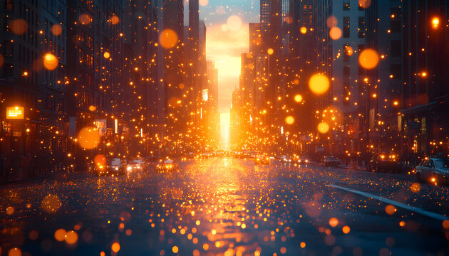 Ultra Realistic 3D Cinematic Hollywood Cityscape at Sunset with Golden Hour Light, Volumetric Rays and Epic Urban Architecture 