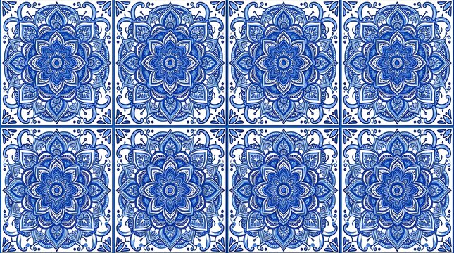 Seamless azulejo pattern with blue floral mandala tiles