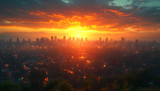 Ultra Realistic 3D Cinematic Hollywood Cityscape at Sunset with Golden Hour Light, Volumetric Rays and Epic Urban Architecture 