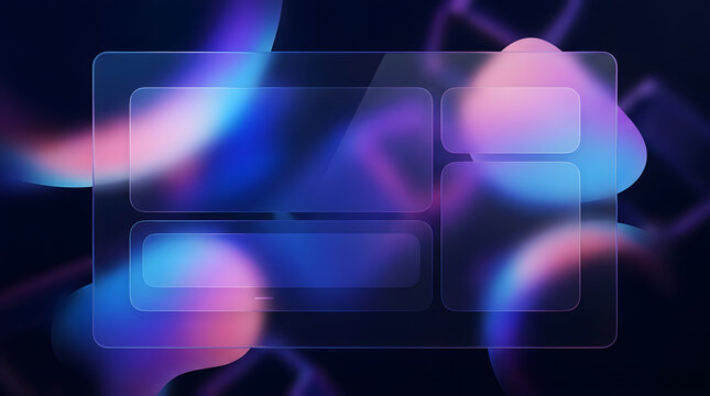 Glass morphism UI Dashboard Template Mockup with Glowing Neon Gradient Shapes on Dark Background