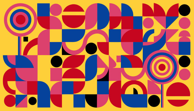 Vibrant geometric mosaic pattern featuring stylized circular motifs and bold abstract shapes on yellow with semi circles abstract shapes bright primary