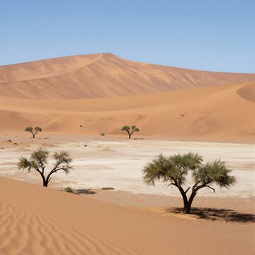 Iconic acacia trees stand against vast sand dunes in Damaraland, Namibia