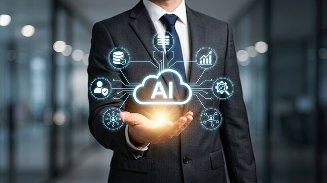 Businessman holding AI cloud with data and technology icons in hands