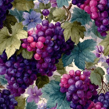 Bright seamless watercolor pattern with juicy grape clusters, vine leaves and wildflowers. Fresh botanical illustration ideal for wrapping paper, stationery, textiles, wallpapers and food packaging