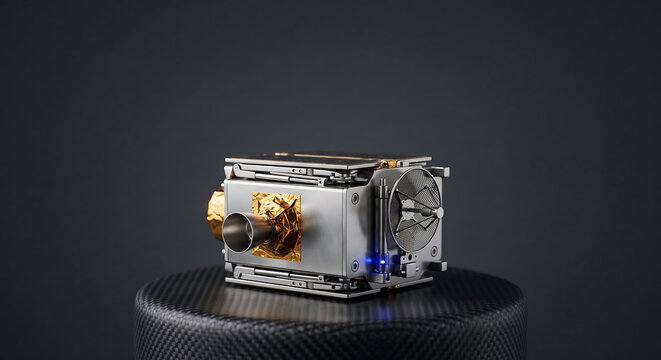Miniature cubesat satellite model, aerospace engineering hardware on carbon fiber pedestal, metallic space technology prototype with gold foil