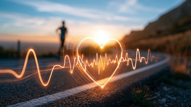 Wide view of glowing heart rhythm graphic overlaid on scenic road with distant runner silhouette, bright clean outdoor setting, cardiovascular fitness concept, endurance running,