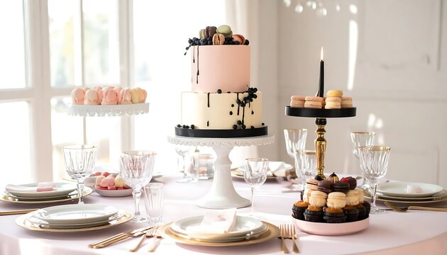 Elegant dessert table setup with tiered cake and macarons.