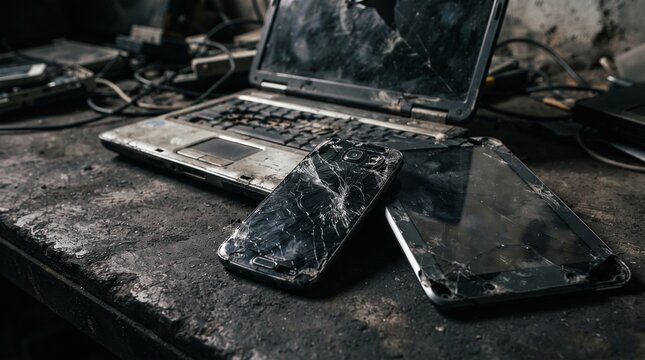 Broken Smartphone Tablet and Laptop Electronic Waste Technology Disposal Recycling Sustainability Concept Product Photography