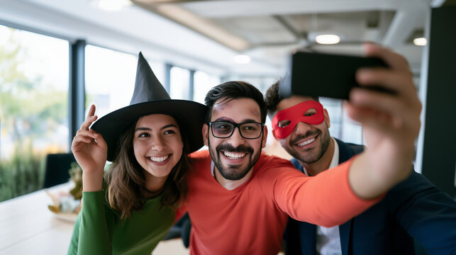 Happy office coworkers dressed as witch, zombie and superhero taking group selfie during Halloween costume party in modern corporate workplace. 