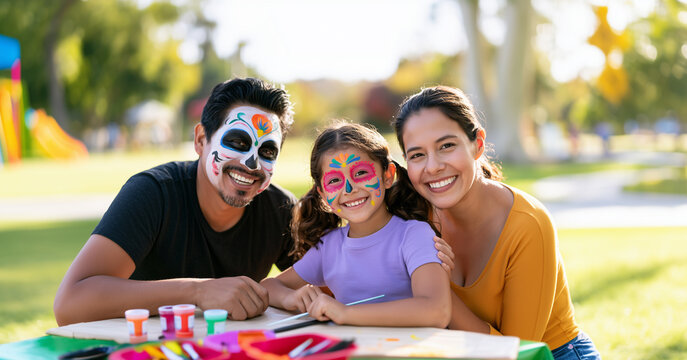 Happy Hispanic parents and daughter with colorful face paint posing at table with face painting supplies during outdoor Halloween festival.