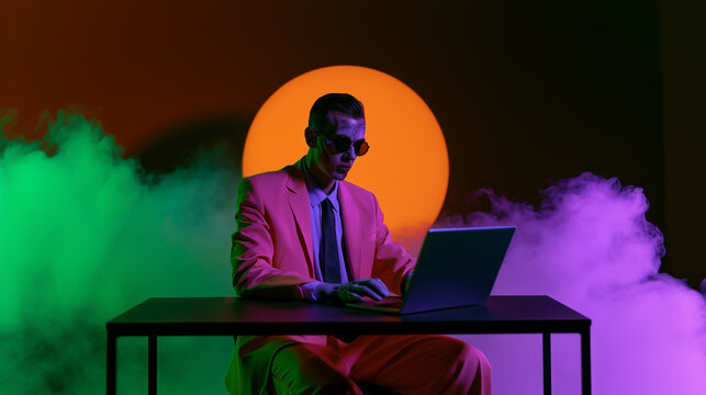 Zombie businessman in pink suit and sunglasses working on laptop with green and purple fog under orange moon for Halloween. 