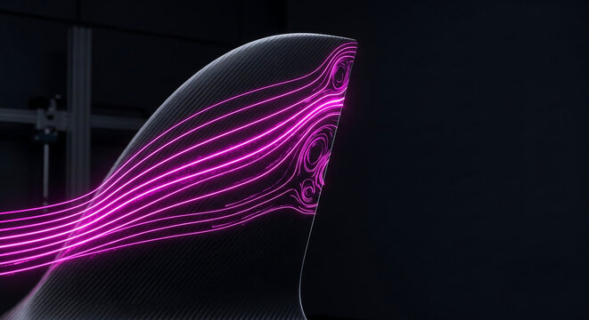 Aerodynamic airflow visualization on carbon fiber wing, pink neon light trails on automotive spoiler, futuristic wind tunnel testing simulation