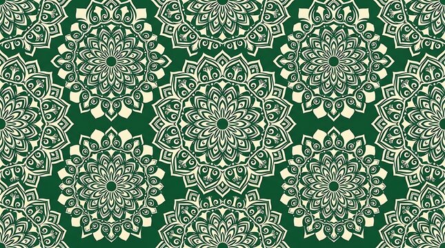 Ornate circular floral mandala seamless pattern on green background