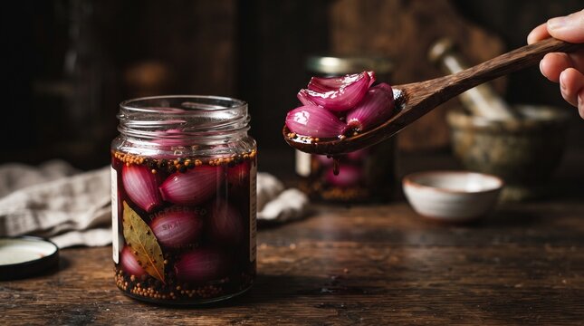 Wooden Spoon Lifting Homemade Pickled Shallots from Glass Jar Gourmet Vinegar Condiment Premium Food Photography