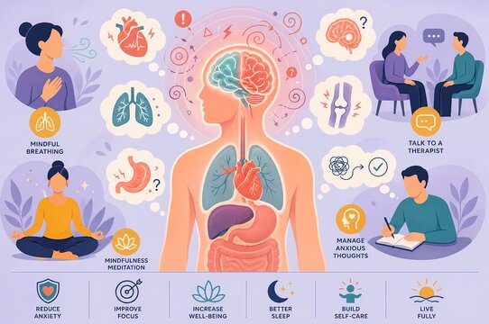 Health anxiety hypochondria infographic showing psychosomatic symptoms and mindfulness coping strategies