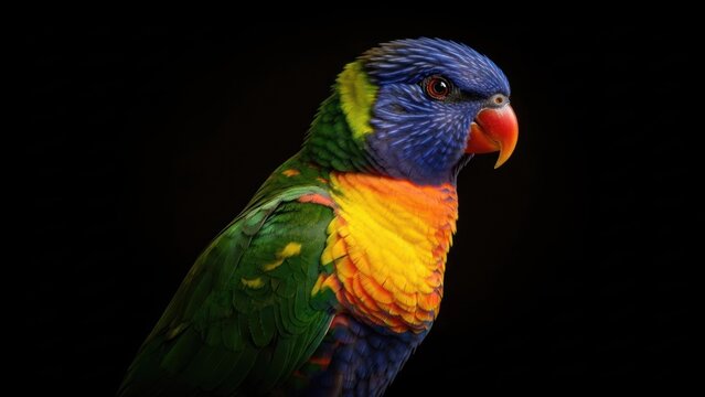 Close-up profile of a vibrant rainbow lorikeet parrot against a black background.