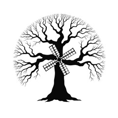 Naklejka premium Vintage windmill silhouette integrated into a tree shape with nature conservation, farm life