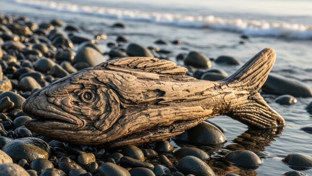 Carved driftwood fish rests on a pebble beach with gentle waves.