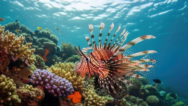 Lionfish swims gracefully through a vibrant coral reef in clear blue water.