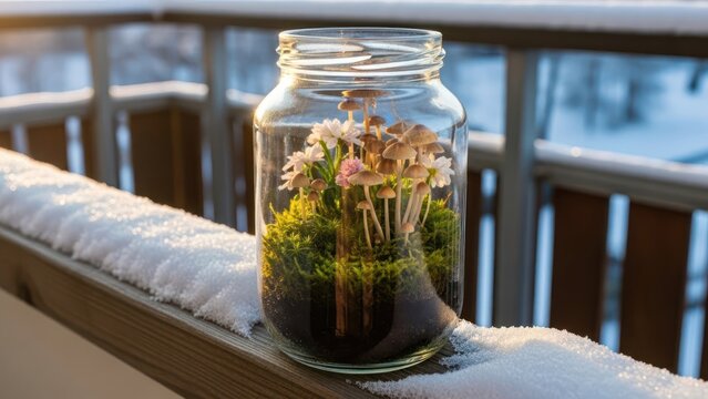 Glass jar terrarium with mushrooms on a snowy balcony in winter sunlight.