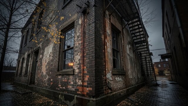 Abandoned industrial building with peeling paint and external stairs.