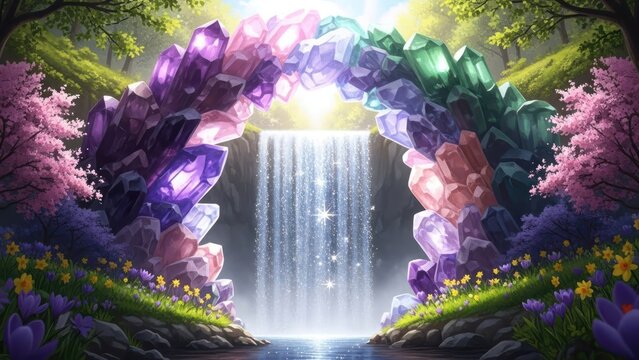 Magical crystal arch frames a sparkling waterfall in an enchanted forest.