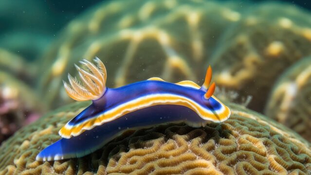 Vibrant blue nudibranch crawling on coral reef underwater.