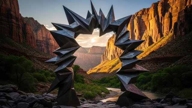 Abstract sculpture framing a stunning canyon river landscape at golden hour.