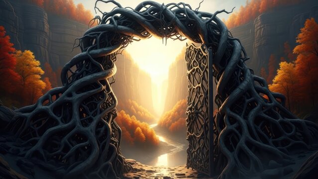 Mysterious ancient roots form a gateway in a glowing autumn canyon