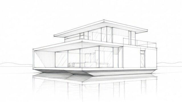 Architectural pencil sketch of a modern floating house.
