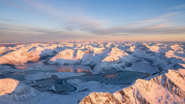 Expansive snowy mountain range at sunrise with a frozen lake below.