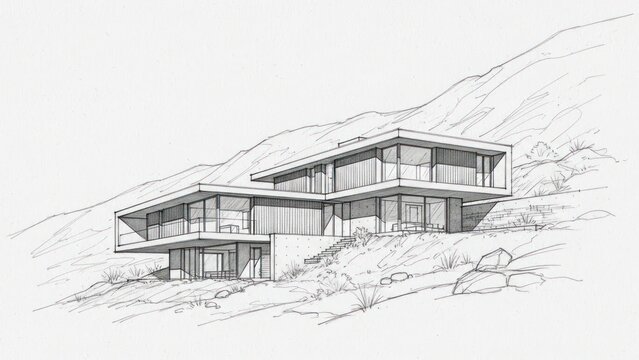 Architectural sketch of a modern house design built into a hillside.
