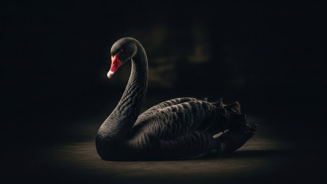 Elegant black swan with striking red beak rests in shadow