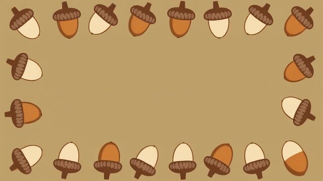 黄土色の背景の四辺に茶色とクリーム色のどんぐりが並ぶ秋のフラットデザイン動画