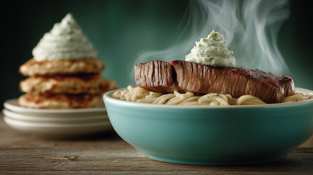 Freshly prepared hot beef steak topped with herb butter and steam rising in shallow bowl