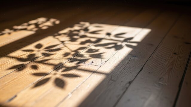 Sunlight casts beautiful leaf shadows on a rustic wooden floor.