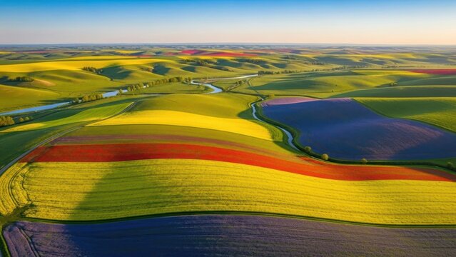 Aerial view of rolling hills with colorful fields of crops.