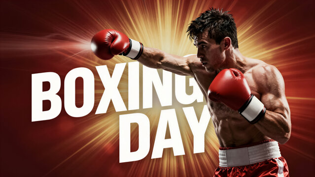 Professional boxer throwing a punch on Boxing Day. Intense athlete wearing red boxing glove against a dynamic light background