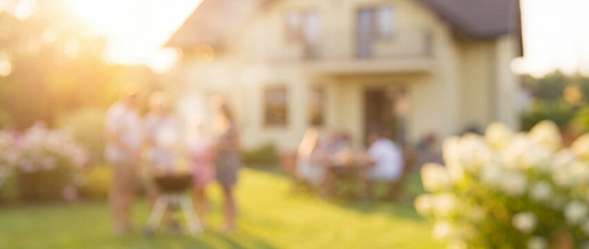 Family barbecue party in suburban backyard rendered in warm golden blurred bokeh light, perfect for real estate banner design, outdoor summer event and lifestyle advertisement
