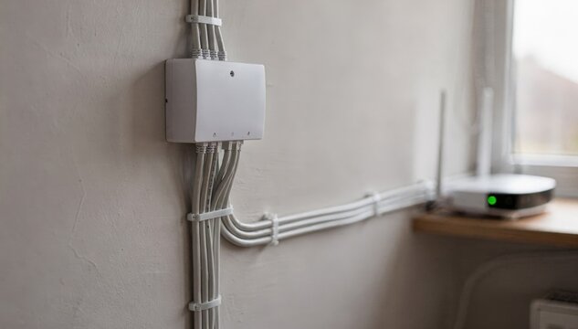 Crisp image of fiber terminal and tidy cabling in a suburban singlefamily house interior with the WiFi router softly out of focus.