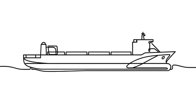 Cargo ship line drawing on white background.