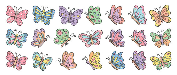 Set of hand-drawn butterflies with pastel colors and cute patterns © Pensil