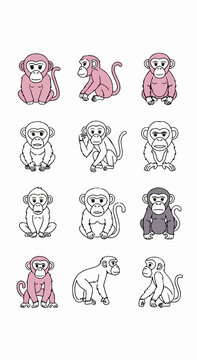 Set of cute monkey illustrations in various poses and styles.