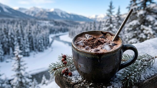 Iced chocolate in ceramic mug with metal straw in snowy mountains