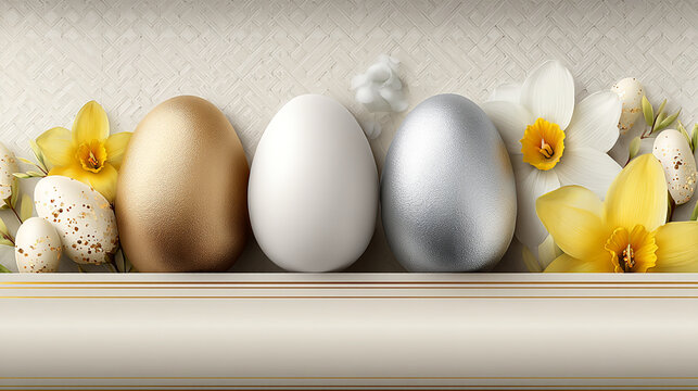 Three decorative easter eggs in gold, white, and silver colors surrounded by spring yellow