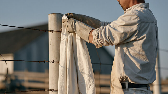 Sheep herder's gloved hands in close focus working to untangle a costume fabric caught in a fence post, a modest barn visible behind, the same material suggesting an impromptu