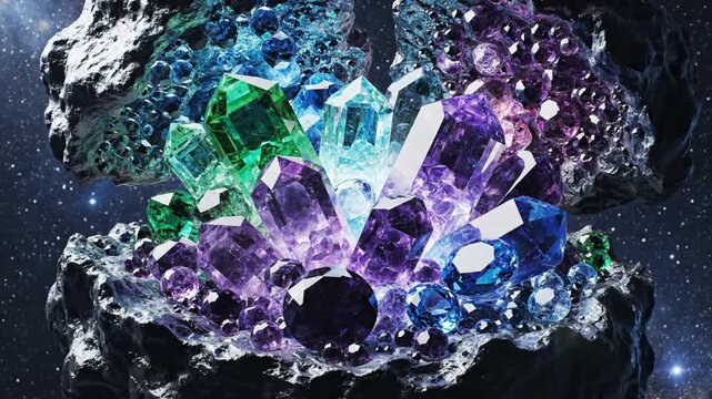 Rocky asteroid revealing vibrant glowing crystals against starry space background