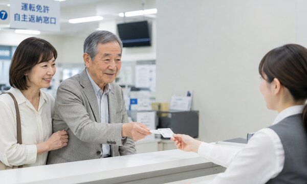 病院の受付で保険証を提出するシニア夫婦 医療機関の受診受付イメージ